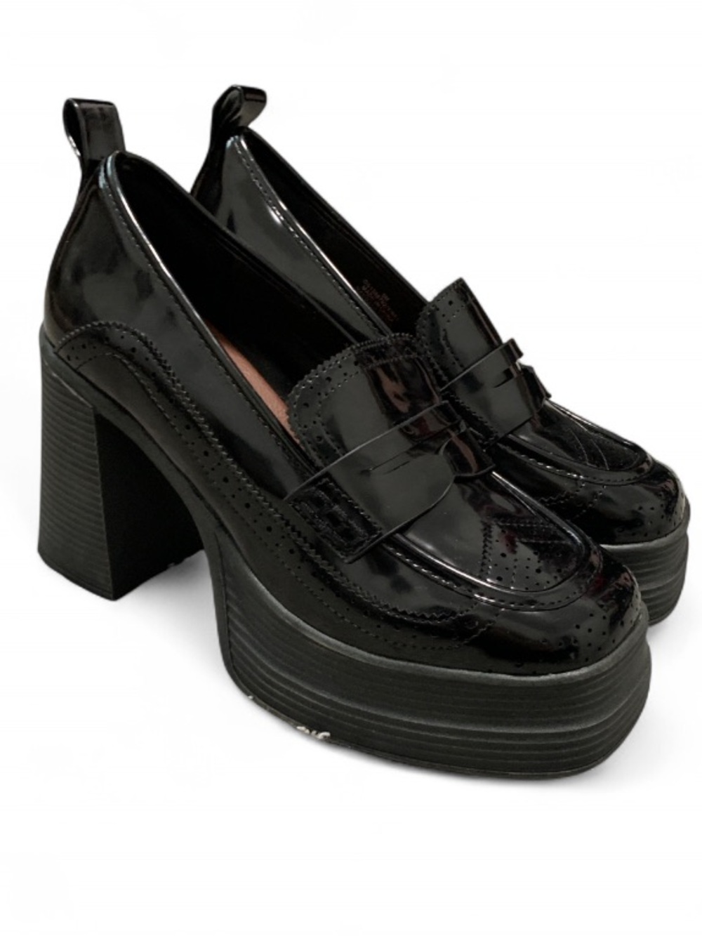 Mia Yisel Patent Platform Block Heel Loafers - Black